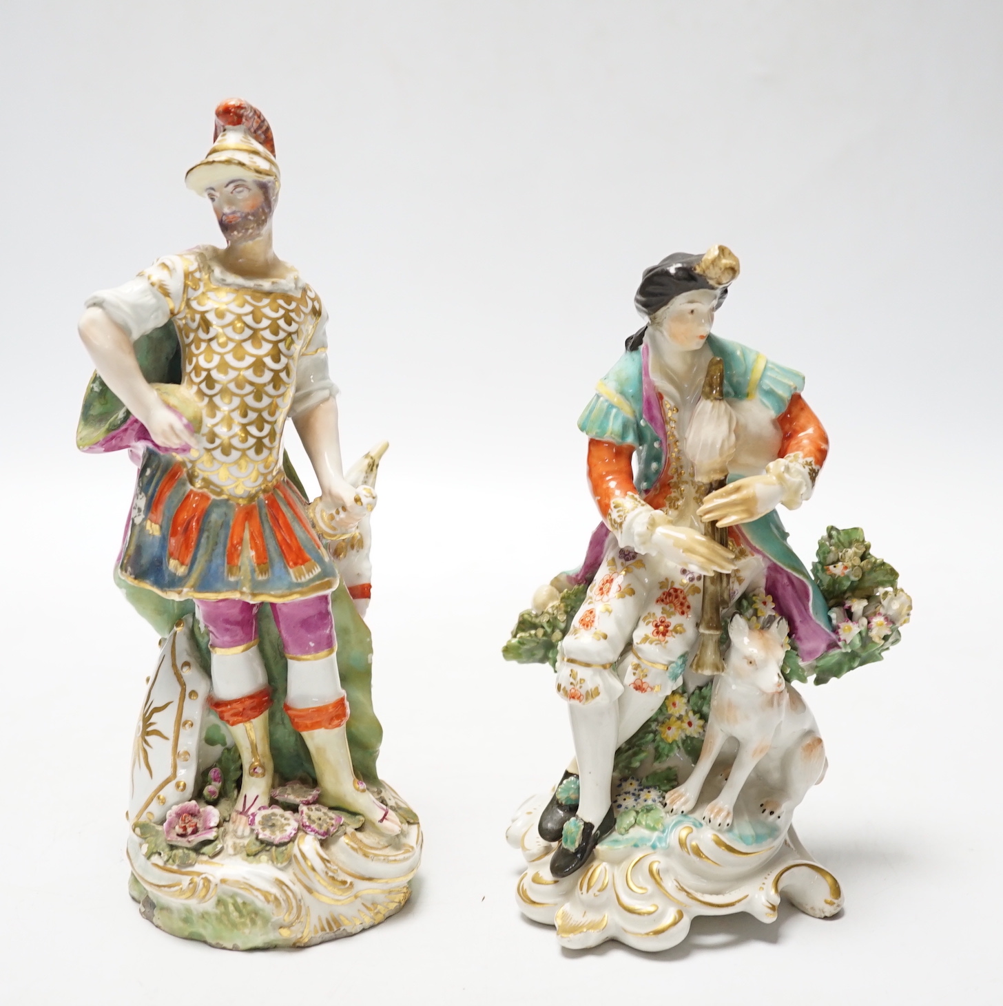 A Chelsea Gold Anchor figure of Mars, c.1760-5, and a Derby figure of a bagpiper, c.1765-70, 20cm (2)